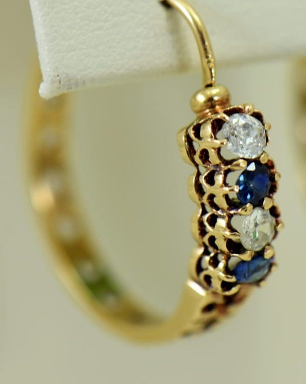 Victorian sapphire and mine cut diamond hoop earrings in rosy yellow gold 3.JPG