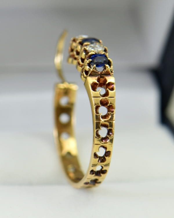 Victorian sapphire and mine cut diamond hoop earrings in rosy yellow gold 5.JPG