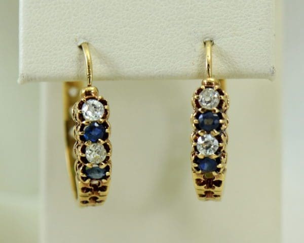 Victorian sapphire and mine cut diamond hoop earrings in rosy yellow gold 7.JPG