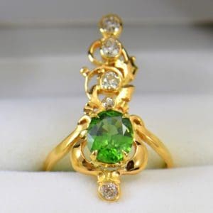 art nouveau dinner ring with green zircon and mine cut diamonds in floral yellow gold.JPG 1