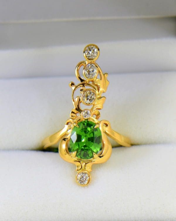 art nouveau dinner ring with green zircon and mine cut diamonds in floral yellow gold 2.JPG 1