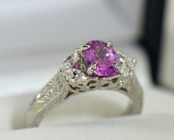 orchid pink sapphire and marquise diamond engangement ring in carved white gold 4.JPG