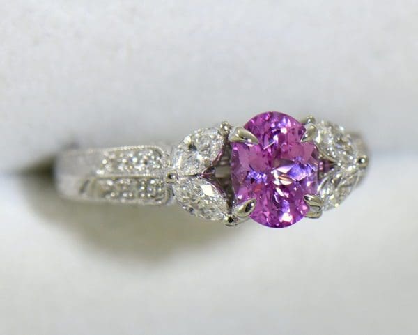 orchid pink sapphire and marquise diamond engangement ring in carved white gold 5.JPG