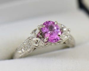 Pink Sapphire and Diamond Engagement Ring on White Gold