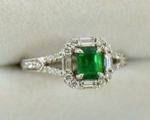 Emerald Engagement Ring with Diamond Baguette Halo available at Federal Way Custom Jewelers