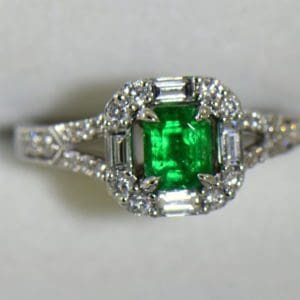 radiant cut natural emerald in baguette diamond halo engagement ring 6.JPG