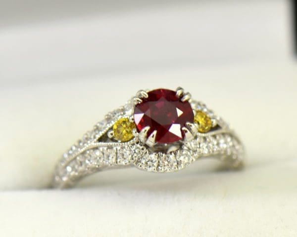 vintage style natural ruby ring with white yellow diamonds.JPG