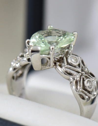 custom filigree ring with pear green beryl