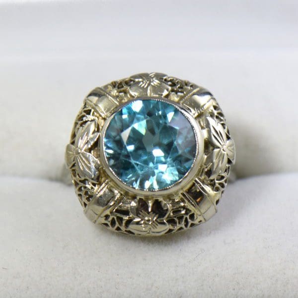 Art Deco 5ct round Blue Zircon Ring with pillow shaped filigree bezel.JPG