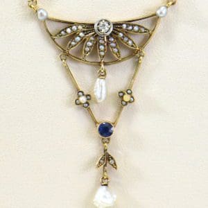 antique festoon necklace with seed pearl flower sapphire and diamond drops.JPG
