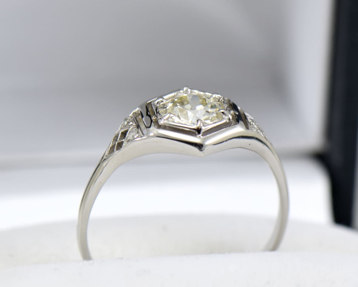 art deco diamond solitaire ring with 1ct euro cut diamond in hexagonal white gold frame 3.JPG