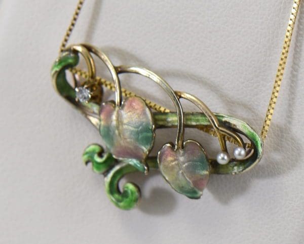 art nouveau gold necklace with enamel flowers and vines set with pearls and diamond 4.JPG