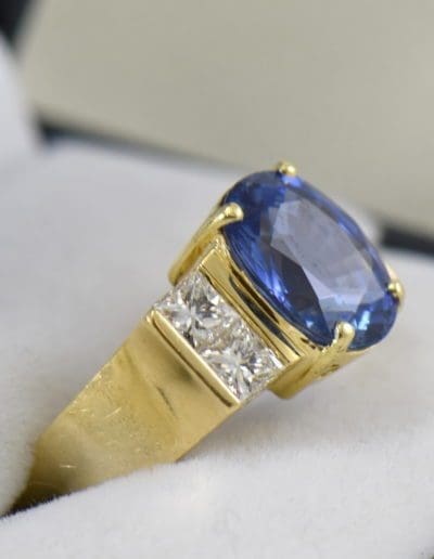 estate cocktail ring with 6ct cushion blue sapphire and princess diamonds in 18k yellow gold 6.JPG