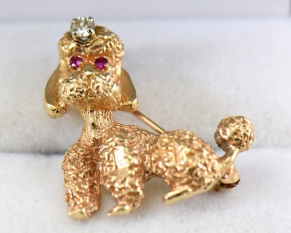mid century gold toy poodle brooch with ruby and diamonds 2.JPG