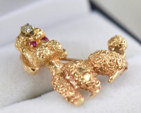 mid century gold toy poodle brooch with ruby and diamonds 3.JPG