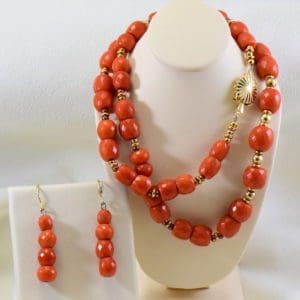 mid century red coral and gold beaded necklace and earring set.JPG