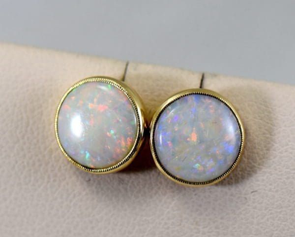 vintage australian opal stud earrings in milgrained yellow gold bezels 1a.JPG
