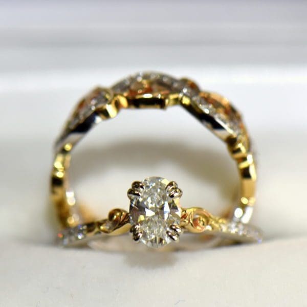 Custom Floral Scroll Twotone Gold Wedding Set with Oval Diamond 2.JPG