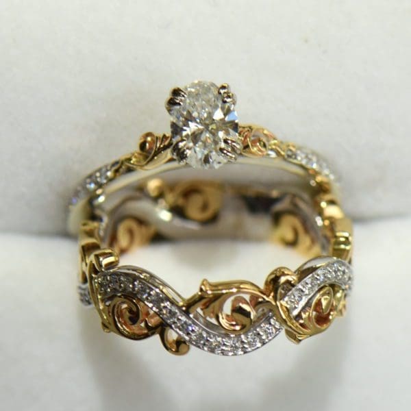 Custom Floral Scroll Twotone Gold Wedding Set with Oval Diamond 3.JPG