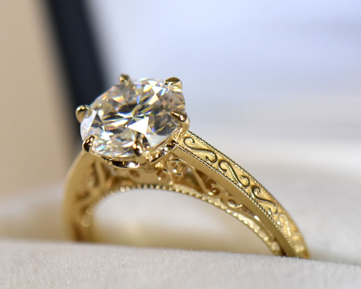 custom design gold solitaire with round moissanite vintage inspired 2.JPG custom design gold solitaire with round moissanite vintage inspired 2.JPG