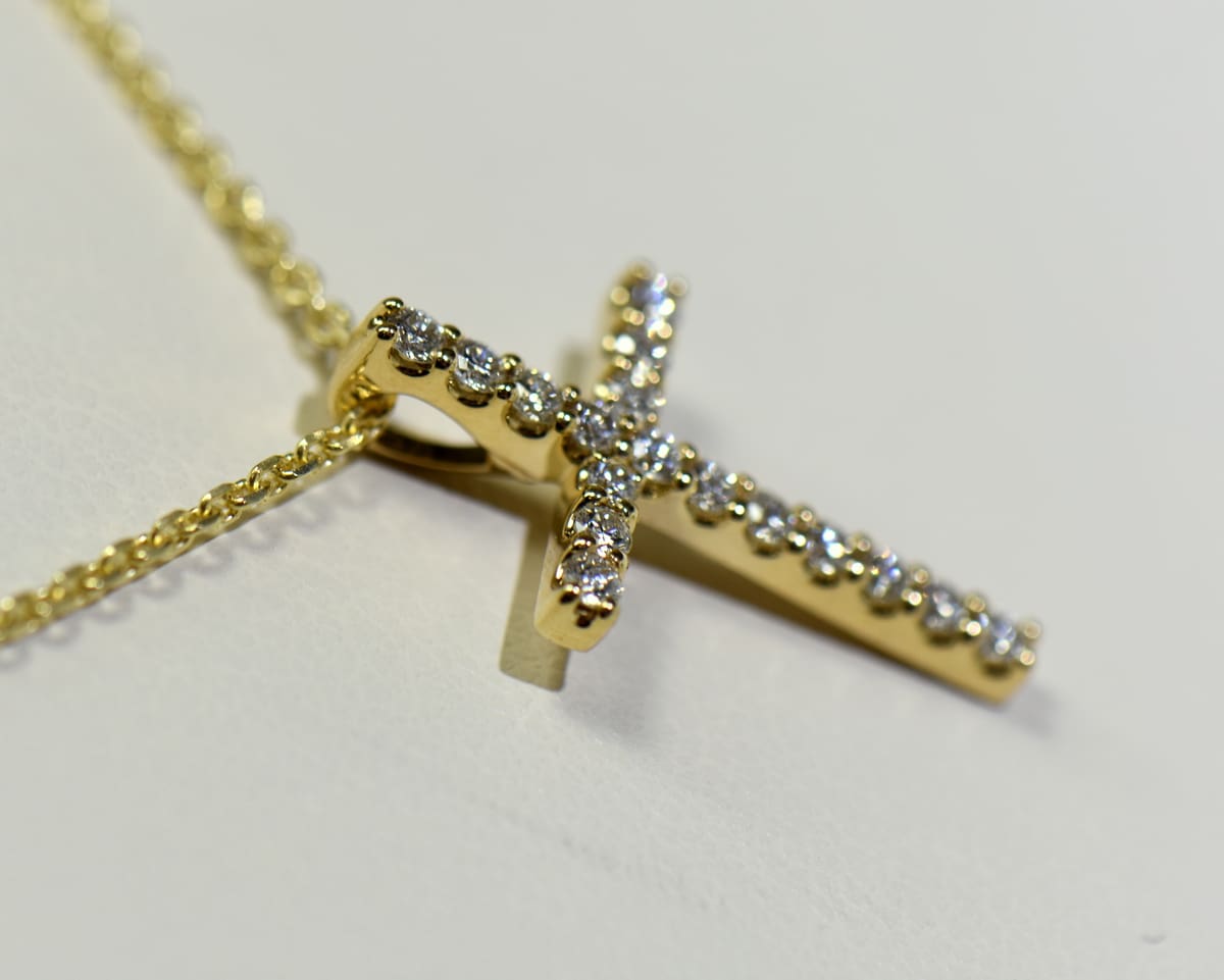Modern Yellow Gold & Diamond Cross Pendant