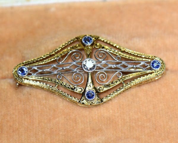 edwardian sapphire and diamond brooch in platinum and gold filigree.JPG