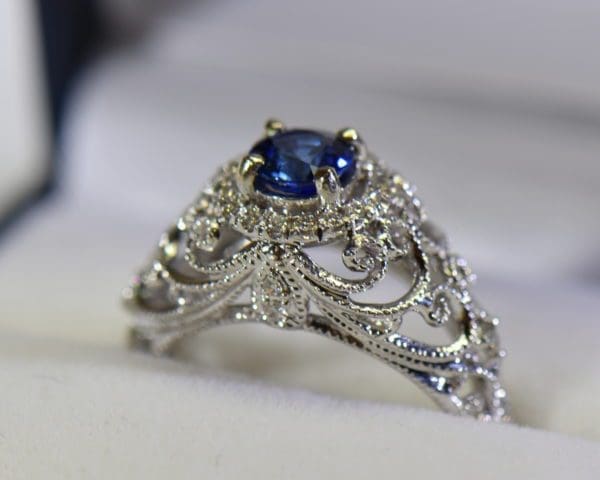 vintage inspired filigree dome ring with round blue sapphire and diamond halo 4.JPG