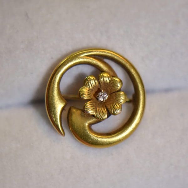 art nouveau gold diamond flower swirl brooch 4.JPG