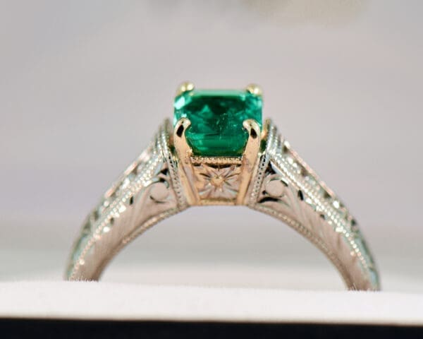 colombian emerald and diamond carved engagement ring 2