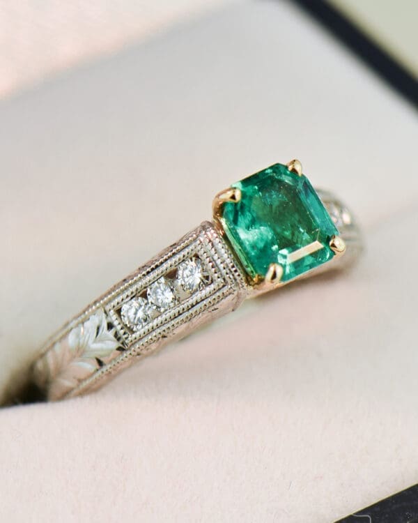 colombian emerald and diamond carved engagement ring 4