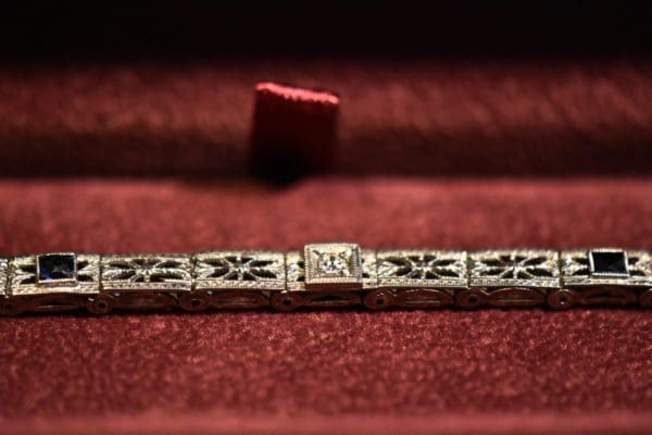 art deco filigree bracelet white gold diamond synthetic sapphire 3