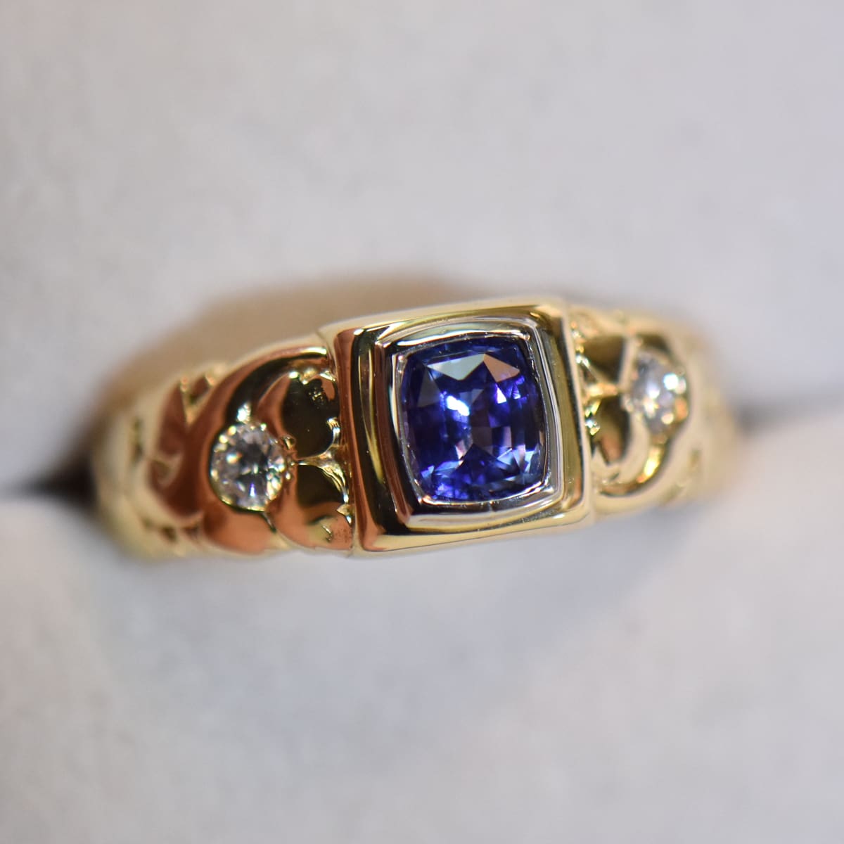 Mid Century Gold Gents Ring with Ceylon Blue Sapphire & Diamonds ...