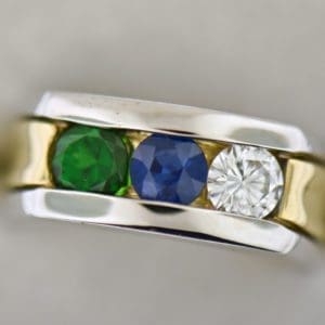 custom three stone mens wedding ring with sapphire tsavorite and diamond