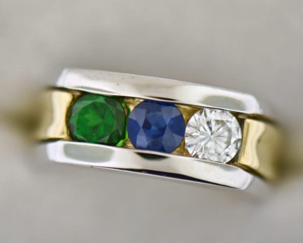 custom three stone mens wedding ring with sapphire tsavorite and diamond
