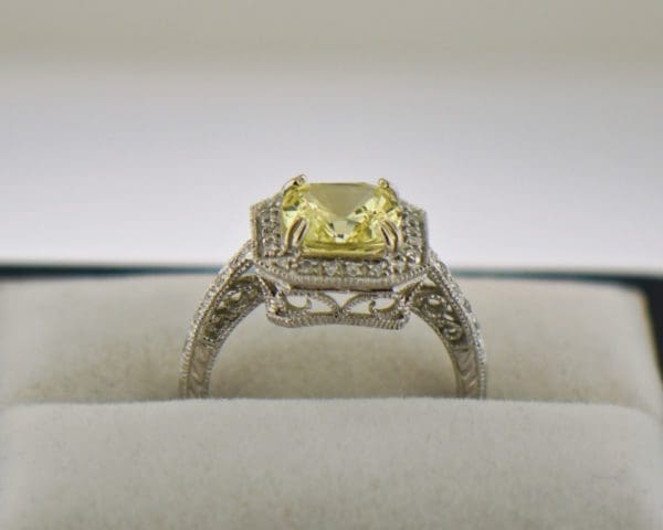 yellow sapphire vintage style halo engagement ring white gold