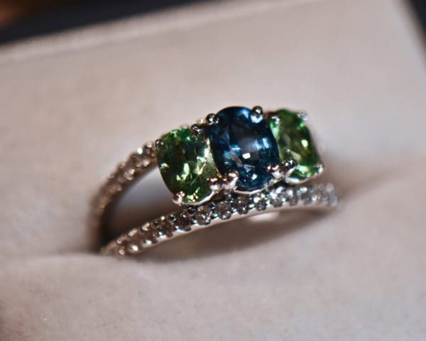 custom three stone ring with blue spinel and mint tourmalines 4