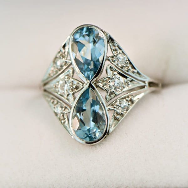 edwardian double pear shape aquamarine ring in platinum 3