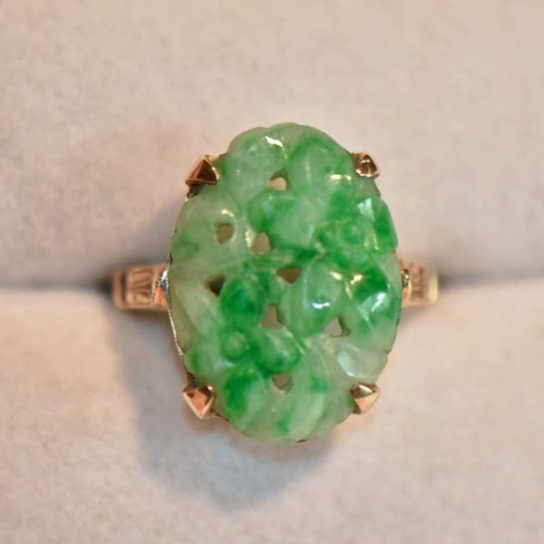 art deco carved green jadeite jade ring 4