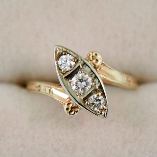 deco boat ring in twotone gold with diamond trio 2