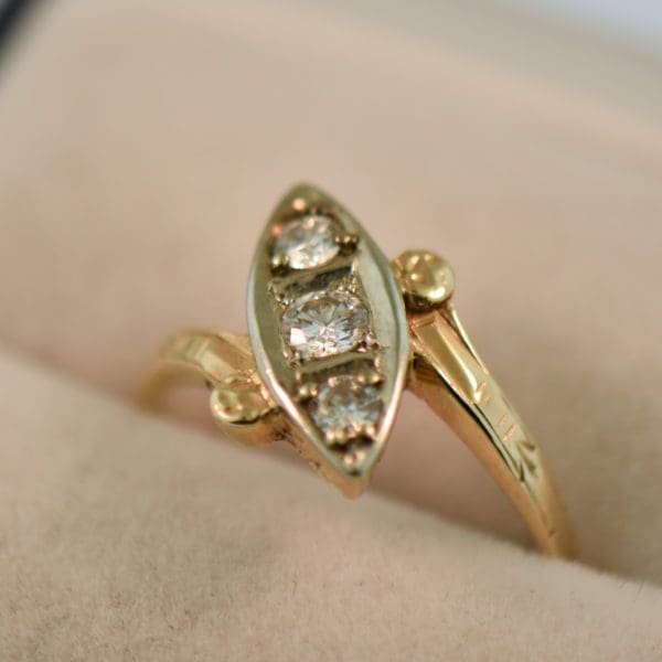 deco boat ring in twotone gold with diamond trio 5 1