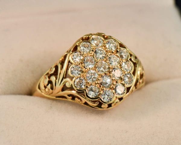antique unisex carved gold and diamond pave cluster ring