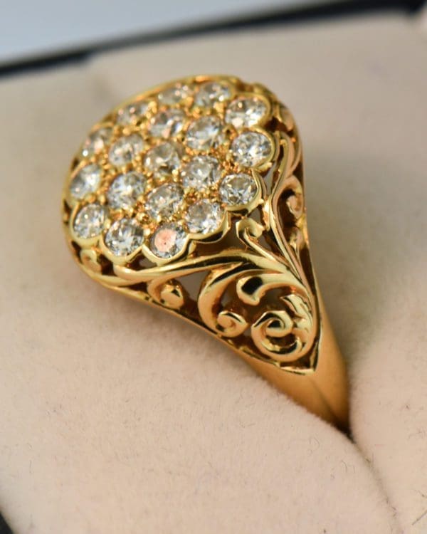 antique unisex carved gold and diamond pave cluster ring 2