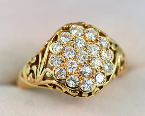 antique unisex carved gold and diamond pave cluster ring 4