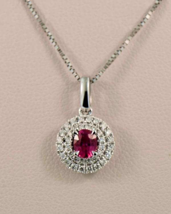 classic ruby and diamond double halo pendant 3
