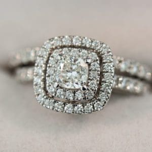 square cushion diamond double halo engagement ring and wedding band set