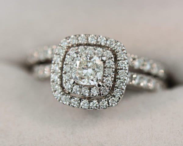 square cushion diamond double halo engagement ring and wedding band set