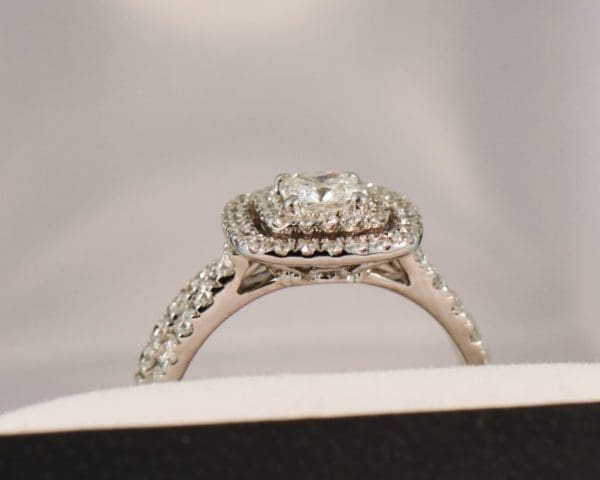 square cushion diamond double halo engagement ring and wedding band set 3