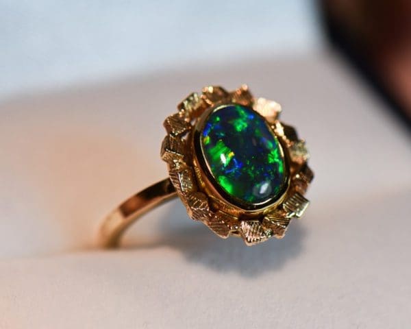 mid century gold and black opal bezel set solitaire engagement ring 5