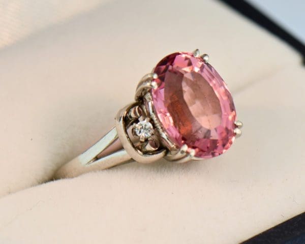 mid century platinum ring with blush pink tourmaline and diamonds 4
