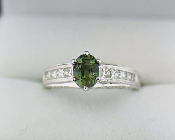 natural forest green sapphire and channel set diamond engagement ring 5